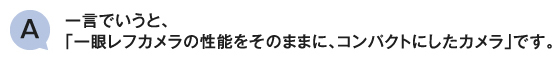 一言でいうと、「一眼レフカメラの性能をそのままに、コンパクトにしたカメラ」です。