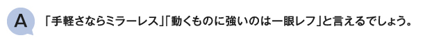 「手軽さならミラーレス」「動くものに強いのは一眼レフ」と言えるでしょう。